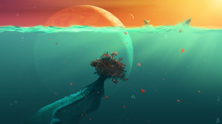 HD обои: иллюстрация блю водоема, красное дерево под водоемом иллюстрация скачать бесплатно