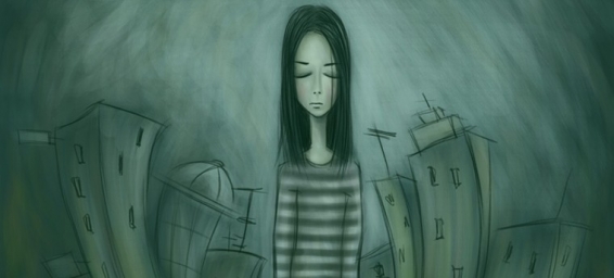 Депрессия грусть, арт рисунок, девушка грустит в городе