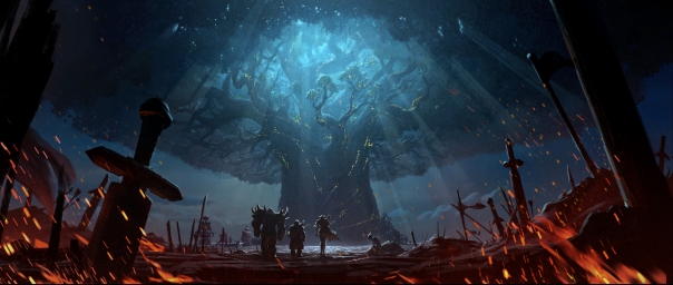 HD обои: игровое приложение цифровые обои, три персонажа, стоящие перед освещенным деревом 3D обои скачать бесплатно