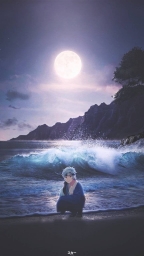 Аниме рисунок, парень у берегу моря, сидит, полная Луна