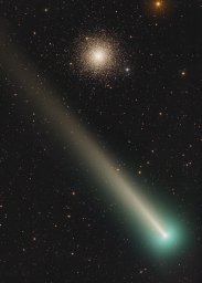 Комета C/2021 A1 Leonard пролетает на фоне шарового звездного скопления М3