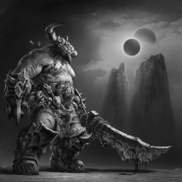 Огромный монстр, типа орк, черно белое изображение, warcraft