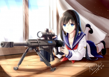 Аниме арт девушка со снайперской винтовкой