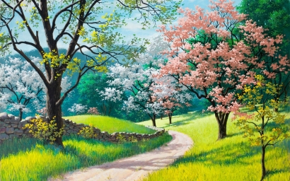 HD обои: Картина с весенними цветами, иллюстрация тропинки между деревьями