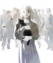 Серая Женщина Анимированная Анимированная Серая Женщина, Несущая Черную Кошку, С Силуэтом Идущих Сзади Людей.