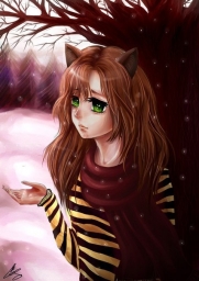 Аниме девочка кошка, грустит зимой, снег, рыжие волосы