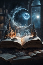 Луна, месяц, книга, замок. Фэнтези, рисунок