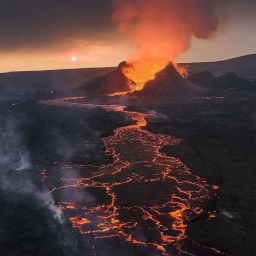 Извергающийся вулкан в Исландии, лава течёт