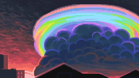 Радуга, пиксельный рисунок, облака