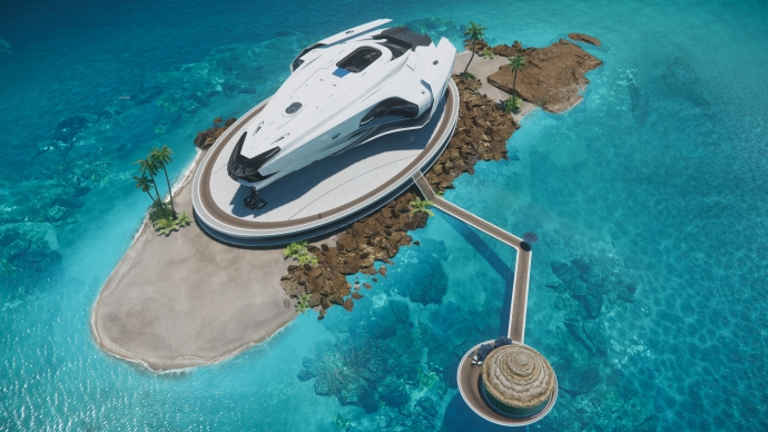 HD обои: иллюстрация космического корабля, Звездный гражданин, море, остров, космический корабль скачать бесплатно