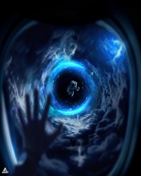 Космонавт проходит через голубой портал, арт рисунок, космос