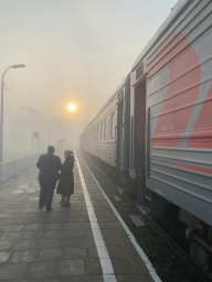 Россия, поезд, туман, утро