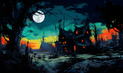 viglomir_haunted_house_next_to_a_village_in_a_graveyard_paintin_40658e16-061a-44ca-af22-b072da161ff0