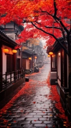 Осень, Япония, рисунок, нейросеть, красные тона
