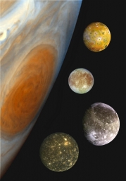 Юпитер и Галилеевые спутники (Ио, Европа, Ганимед и Каллисто) сверху вниз в сравнительном масштабе