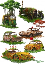 Автомобили и трава, растения. Рисунки, арт