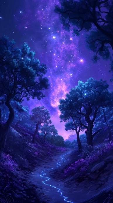 Красивый рисунок нейросетью: фиолетовый пейзаж, небо, вечер, красиво