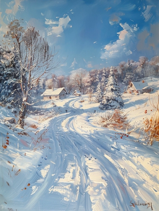 Нейросеть рисунки: зима, русская деревня зимой 1