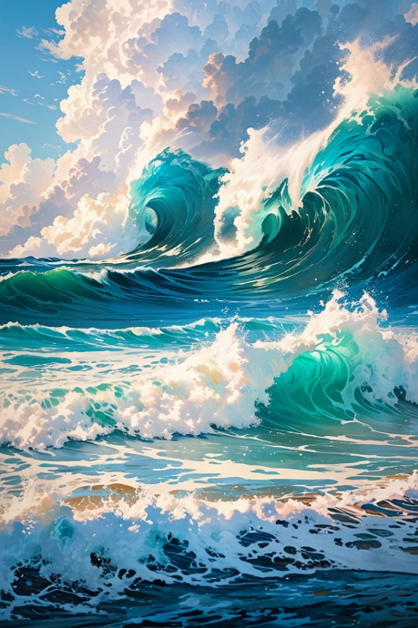 Две волны, океан, красиво, арт рисунок. Нейросеть