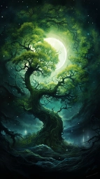 Лес, дерево, зелёного цвета. Арт рисунок. Midjourney