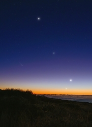 Юпитер, Сатурн, Венера, Меркурий и комета Леонарда на закате, вид с острова Ла-Пальма. Автор: Sebastian Voltmer.-
