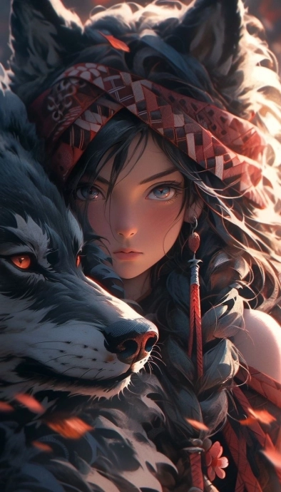 Девушка и волк. Арт рисунок.