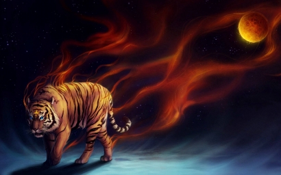 Пылающий Тигр И Луна Цифровое Искусство Абстрактное Цифровое Изображение Тигра В Огне Под Темным Ночным Небом С Пылающей Луной. 