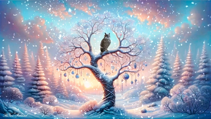 Сова на дереве, зимой. Рисунок. Красиво.