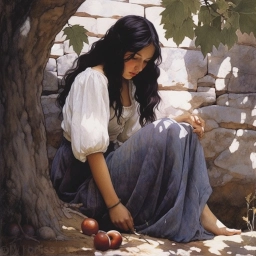 Девушка и яблоки, девушка с чёрными волосами, рисунок