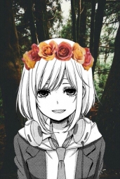 Аниме арт девушка с белыми волосами, черно белая картинка потому, цветы на голове