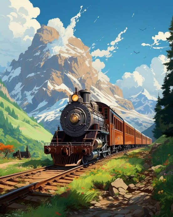 Красивый поезд. Рисунок. Старинный поезд едет где-то среди гор. Красочный рисунок