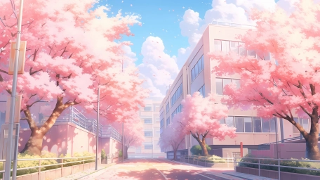 Аниме, рисунок, улица, сакура, розовые деревья, здания