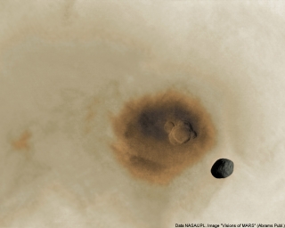 Фобос пролетает над горой Аскрийской на Марсе