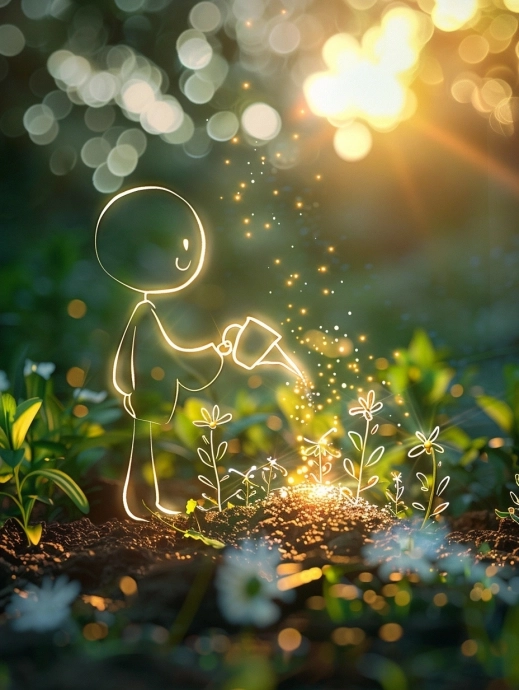 Красивый рисунок мальчика поливающего цветок