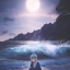 Аниме рисунок, парень у берегу моря, сидит, полная Луна