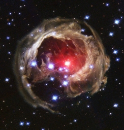 Легендарное фото, сделанное с телескопа Hubble 8 февраля 2004 года, — гало звездной пыли и света вокруг красного сверхгиганта V8