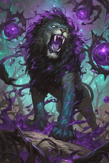 Лев в ярости, рисунок. Фиолетовый лев.