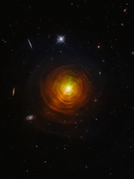Процесс сброса внешней оболочки умирающей звезды CW Leonis, расположенной на расстоянии 400 световых лет от Земли в направлении 