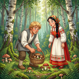 Иван дурак собирает грибы в лесу, арт
