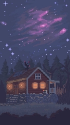 Рисунок из пикселей, пиксельная графика, дом, домик в лесу