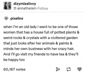в старости я хочу быть одной из той женщин, чей дом полон комнатных растений, странных камешков и кристаллов