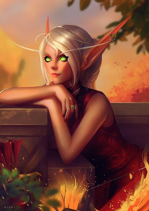 Эльф с зелеными глазами, Рисунок по игре варкрафт Warcraft
