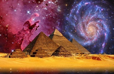 HD обои: Пирамида Гизы под туманностью и галактикой Андромеды, Гиза скачать бесплатно