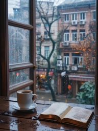Нейросеть. Квартира. Окно. Дождик. Чашка. Книга.