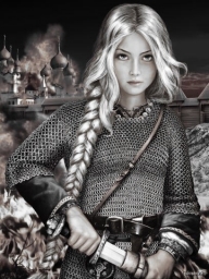 Арт рисунок крАсивой девушки, симпатичная, славянка, с мечом