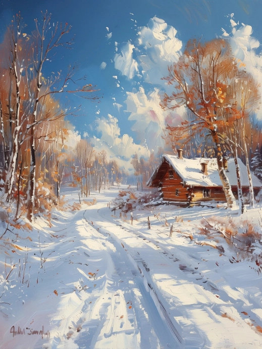 Нейросеть рисунки: зима, русская деревня зимой