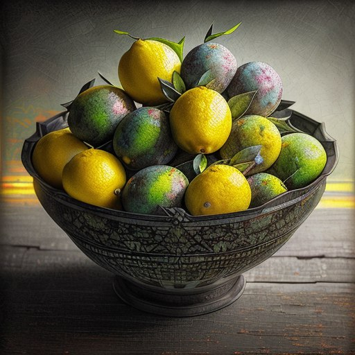 Нейросеть в телеграм: Красивые лимоны нарисованные на картине 1