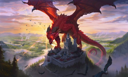 Красного цвета дракон над городом