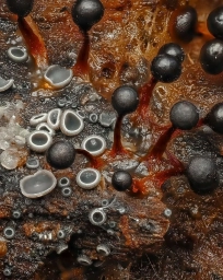 Фотографии слизевиков Metatrichia floriformis и грибов Mollisia sp., часть 2