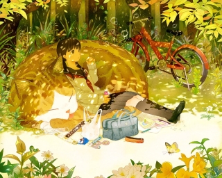 Аниме арт, девушка в лесу сидит и велик с ней
